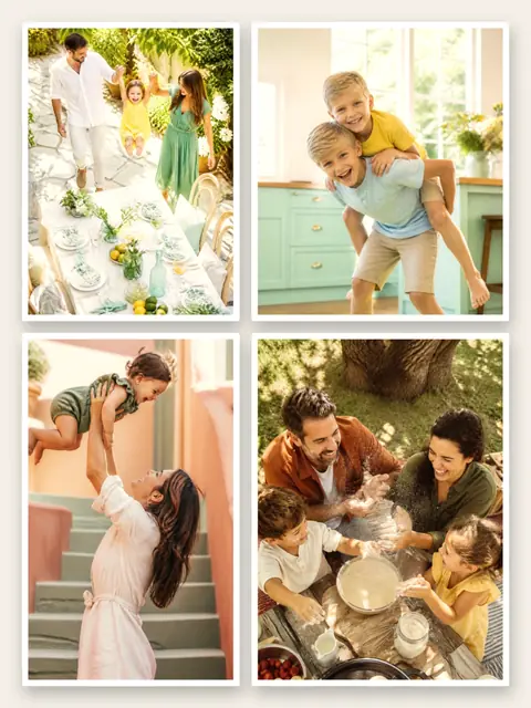 4 photo family collage, with white polaroid borders on warm paper, sized for a print
