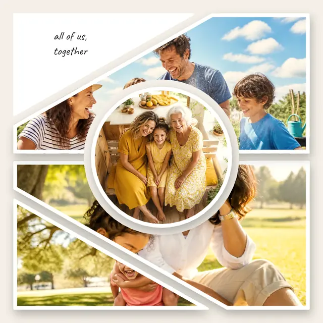 4 photo family collage, with white polaroid borders on warm paper