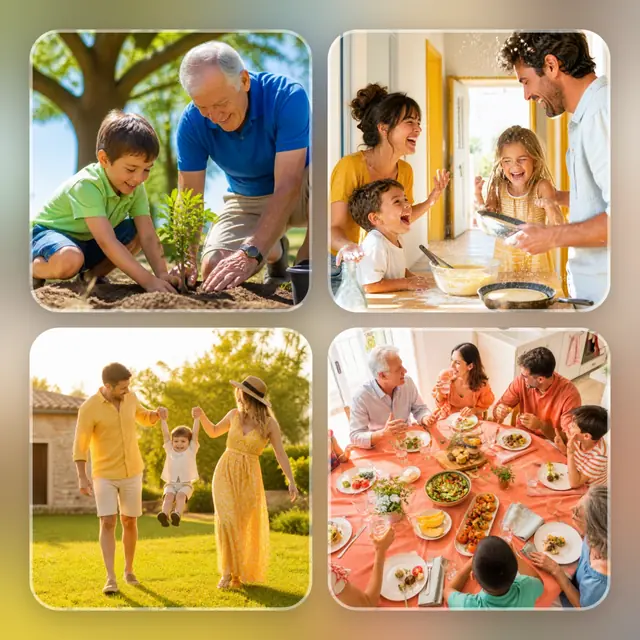 4 photo family collage, over a blurred version of its own photos