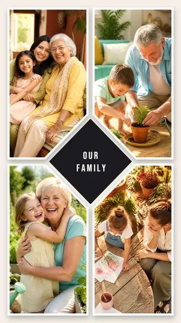 4 photo family collage, with white polaroid borders on warm paper, sized for a story