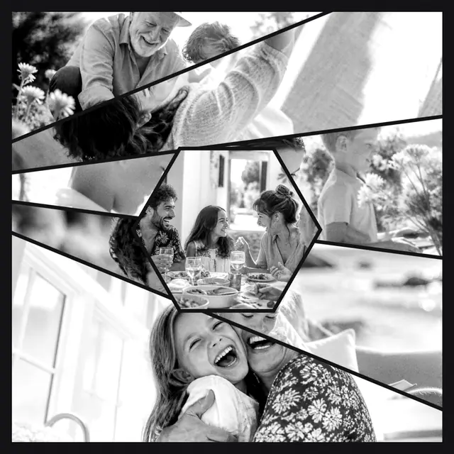 6 photo family collage with a hexagonal medallion over the others, in black and white on a dark ground