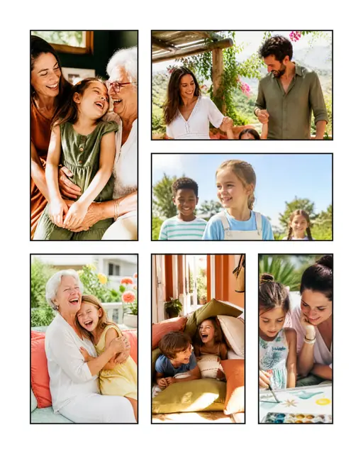 6 photo family collage, with wide gallery margins and a hairline border