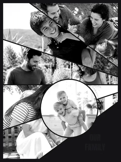 6 photo family collage, in black and white on a dark ground, sized for a print