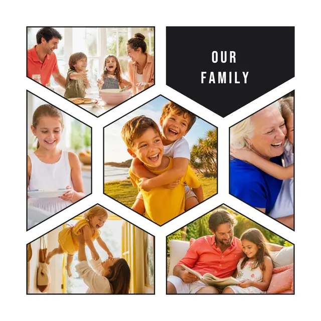 6 photo family collage, with wide gallery margins and a hairline border