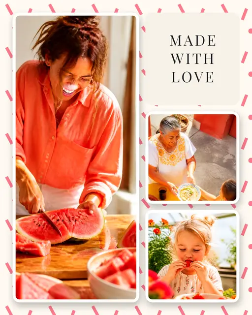 3 photo food collage, on a confetti patterned background