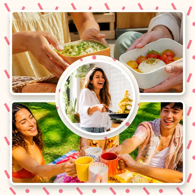 3 photo food collage, on a confetti patterned background