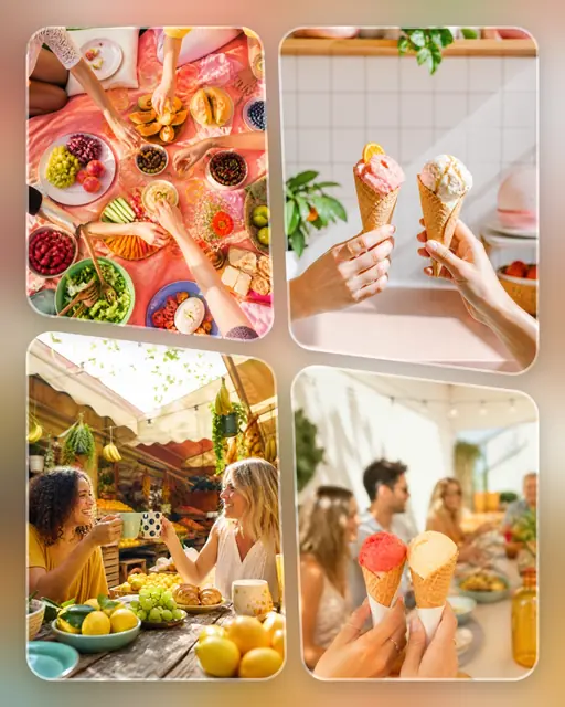 4 photo food collage, over a blurred version of its own photos