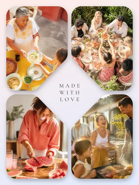 4 photo food collage, with soft rounded corners on a pastel gradient, sized for a print
