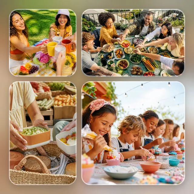 4 photo food collage, over a blurred version of its own photos
