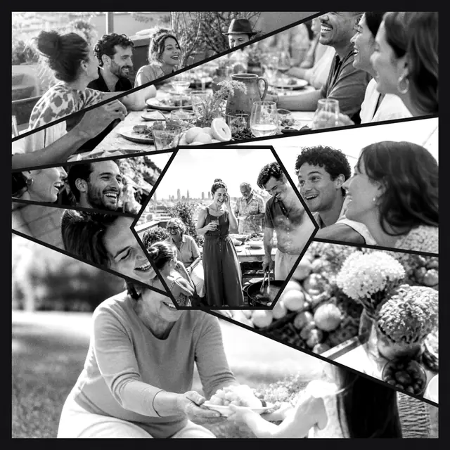 6 photo food collage with a hexagonal medallion over the others, in black and white on a dark ground