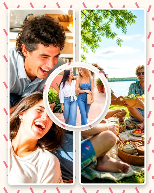 3 photo friends collage, on a confetti patterned background