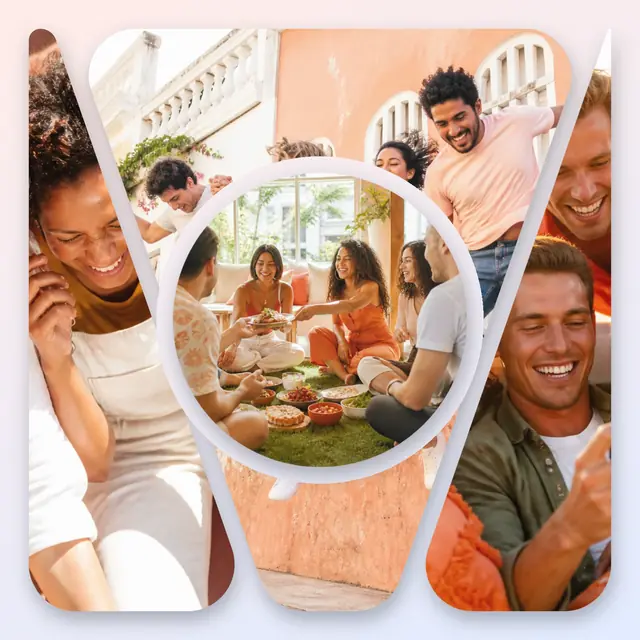 4 photo friends collage with a circular medallion over the others, with soft rounded corners on a pastel gradient