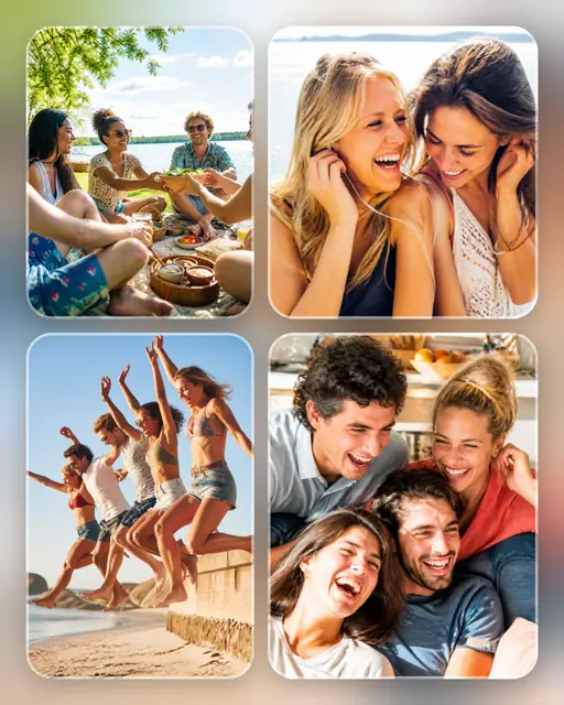 4 photo friends collage, over a blurred version of its own photos