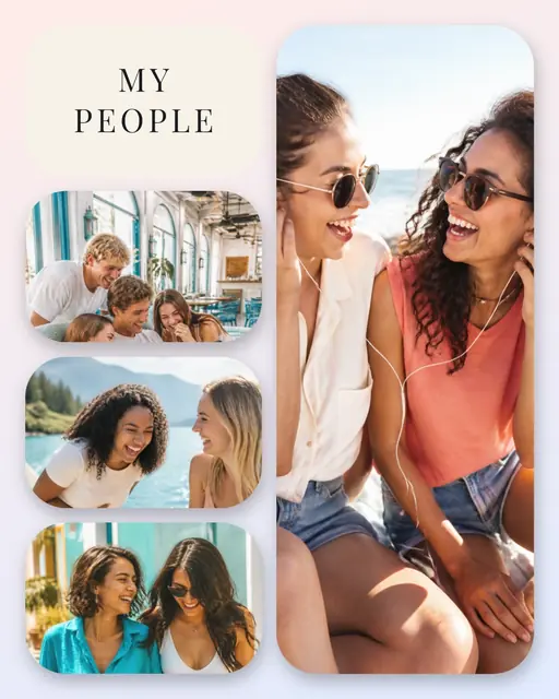 4 photo friends collage, with soft rounded corners on a pastel gradient