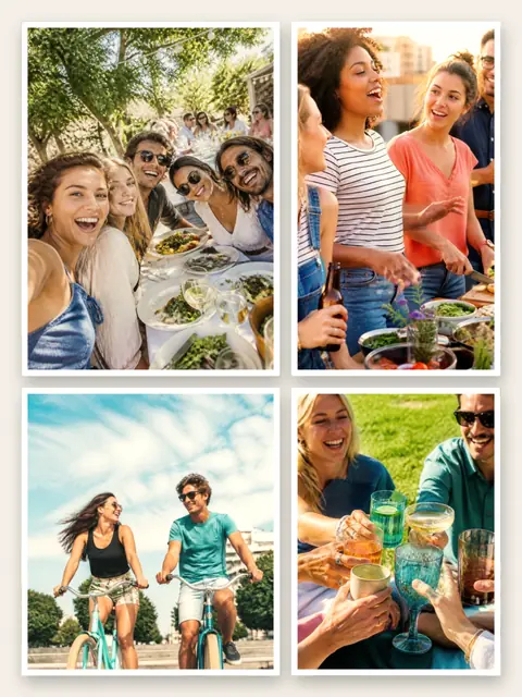 4 photo friends collage, with white polaroid borders on warm paper, sized for a print