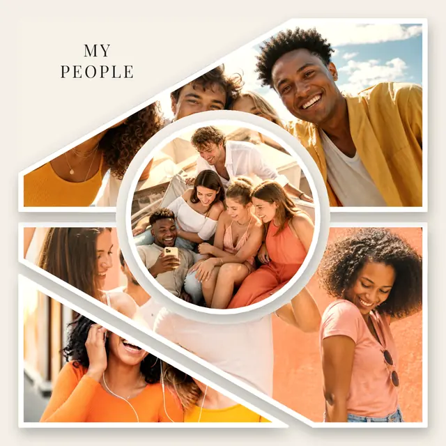 4 photo friends collage, with white polaroid borders on warm paper