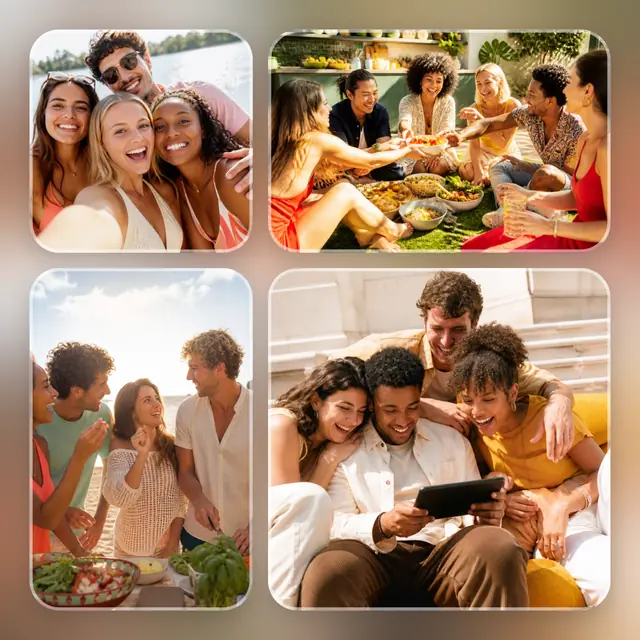 4 photo friends collage, over a blurred version of its own photos