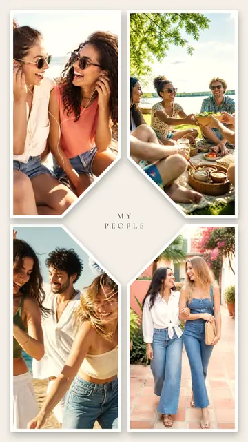 4 photo friends collage, with white polaroid borders on warm paper, sized for a story