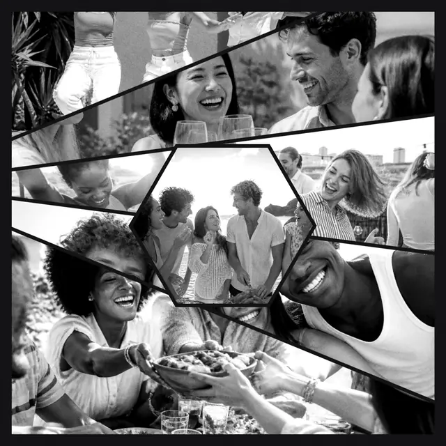 6 photo friends collage with a hexagonal medallion over the others, in black and white on a dark ground