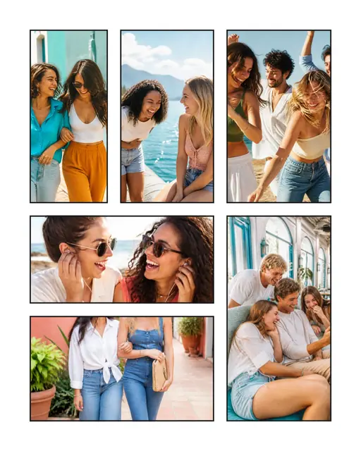 6 photo friends collage, with wide gallery margins and a hairline border