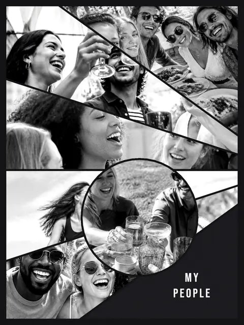 6 photo friends collage, in black and white on a dark ground, sized for a print