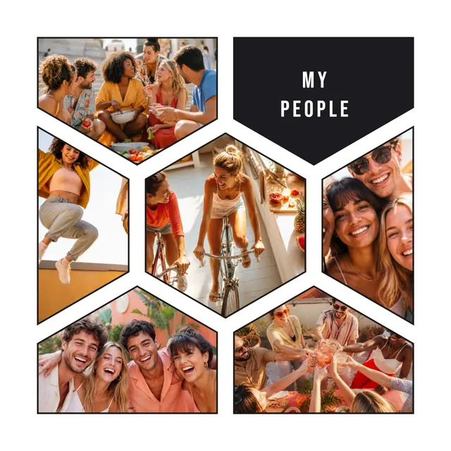 6 photo friends collage, with wide gallery margins and a hairline border