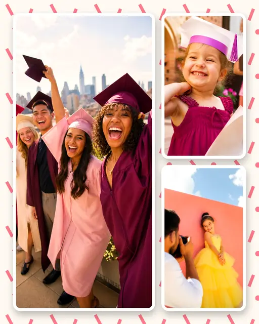 3 photo graduation collage, on a confetti patterned background