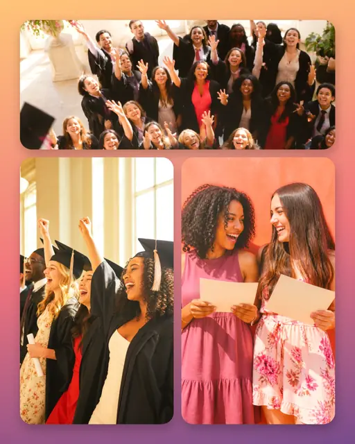3 photo graduation collage, on a warm sunset gradient