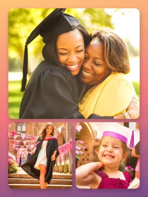 3 photo graduation collage, on a warm sunset gradient, sized for a print