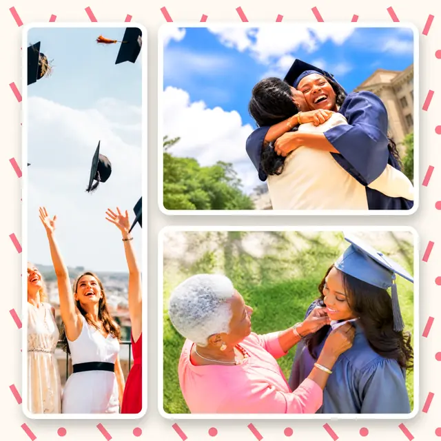 3 photo graduation collage, on a confetti patterned background