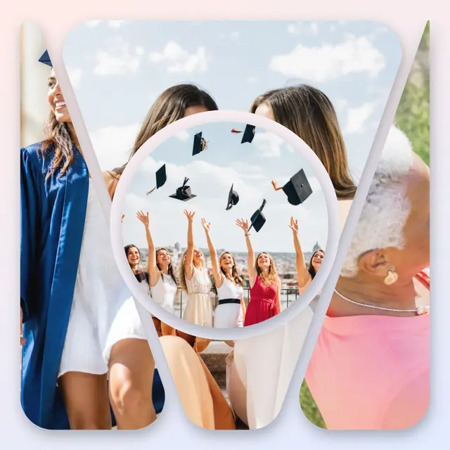 4 photo graduation collage with a circular medallion over the others, with soft rounded corners on a pastel gradient