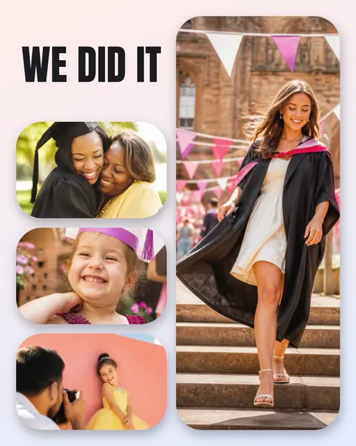 4 photo graduation collage, with soft rounded corners on a pastel gradient