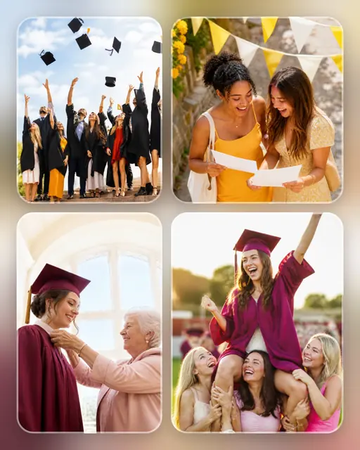 4 photo graduation collage, over a blurred version of its own photos