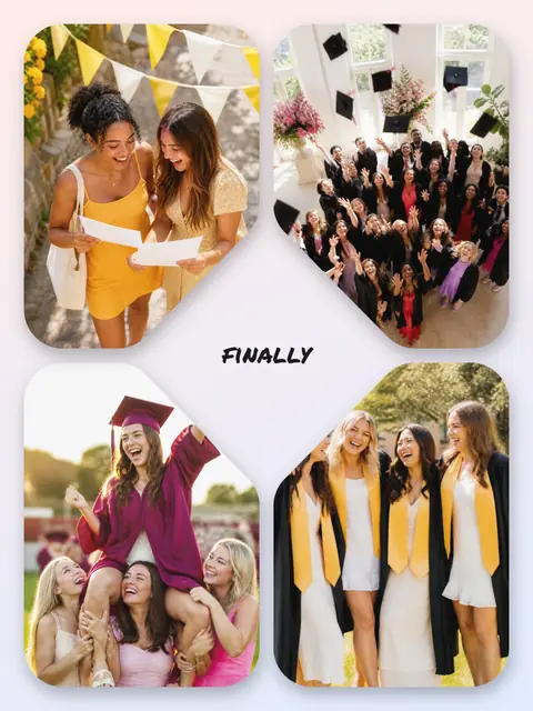 4 photo graduation collage, with soft rounded corners on a pastel gradient, sized for a print