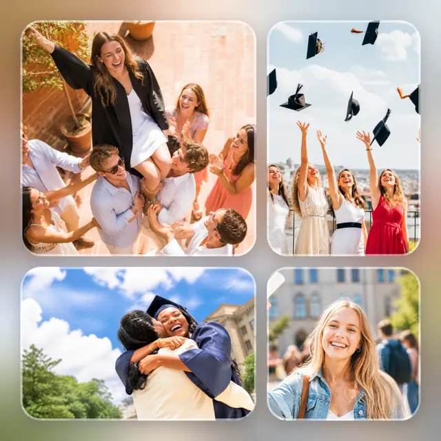 4 photo graduation collage, over a blurred version of its own photos