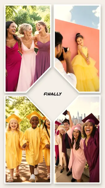 4 photo graduation collage, with white polaroid borders on warm paper, sized for a story
