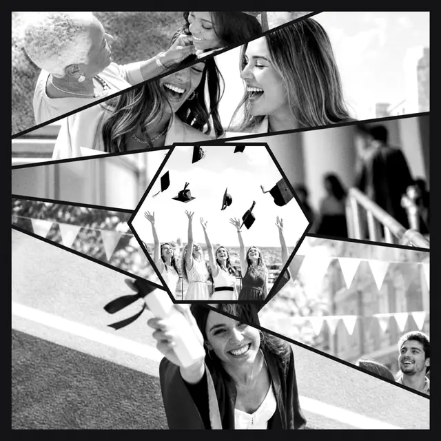 6 photo graduation collage with a hexagonal medallion over the others, in black and white on a dark ground