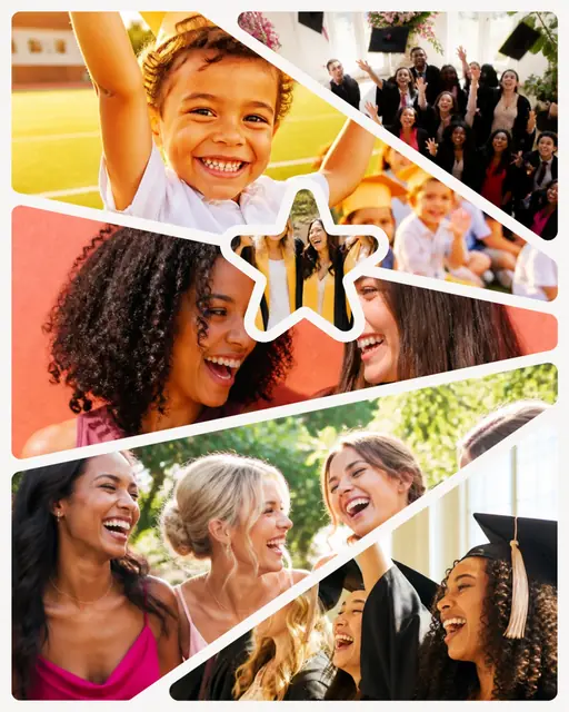 6 photo graduation collage with a star medallion over the others