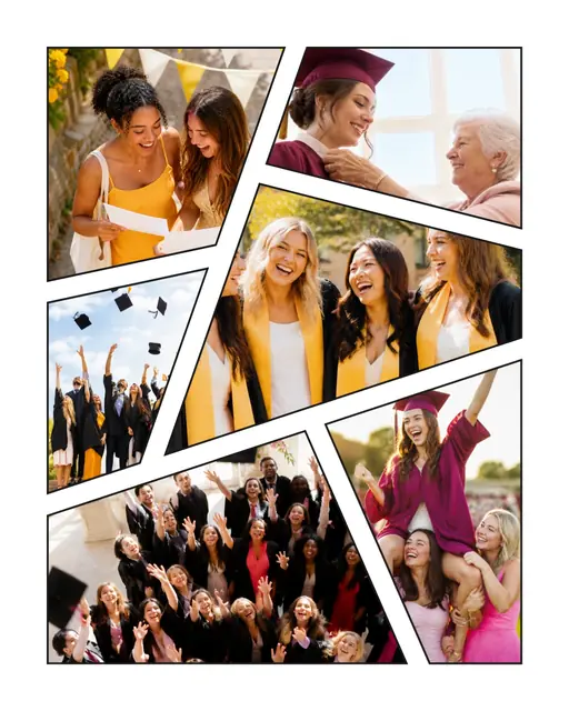 6 photo graduation collage, with wide gallery margins and a hairline border