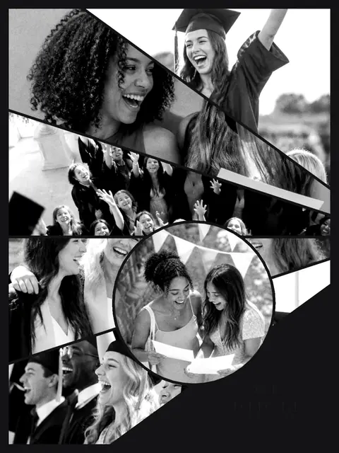 6 photo graduation collage, in black and white on a dark ground, sized for a print