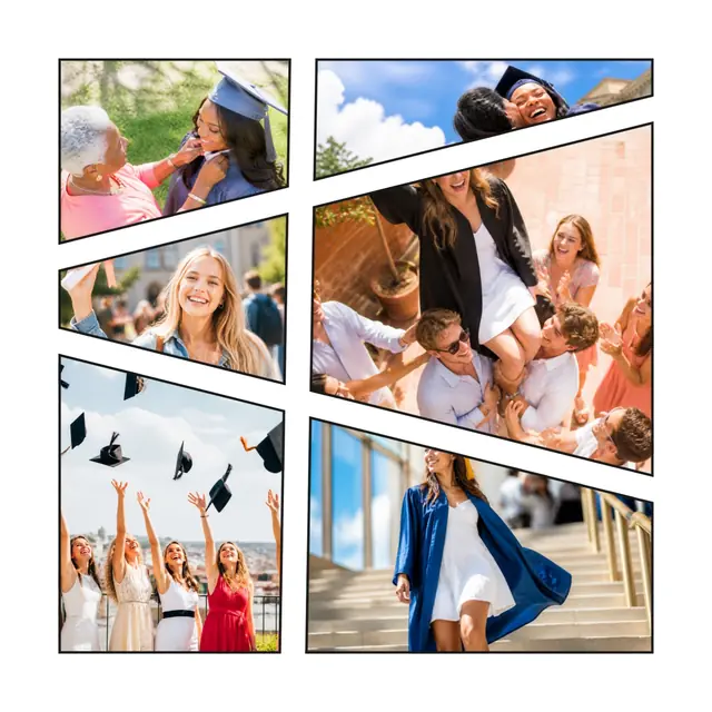 6 photo graduation collage, with wide gallery margins and a hairline border