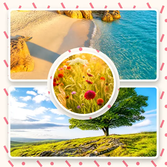 3 photo nature collage, on a confetti patterned background