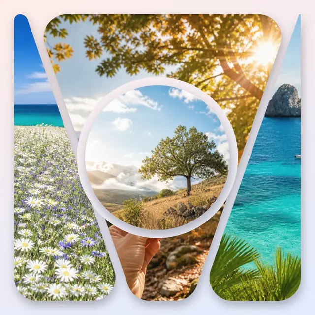 4 photo nature collage with a circular medallion over the others, with soft rounded corners on a pastel gradient
