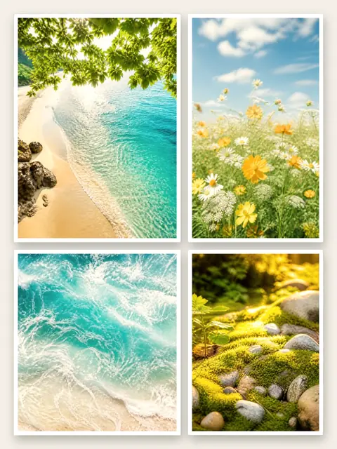 4 photo nature collage, with white polaroid borders on warm paper, sized for a print