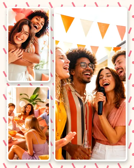 3 photo party collage, on a confetti patterned background