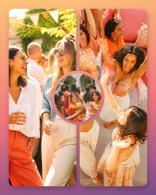 3 photo party collage, on a warm sunset gradient