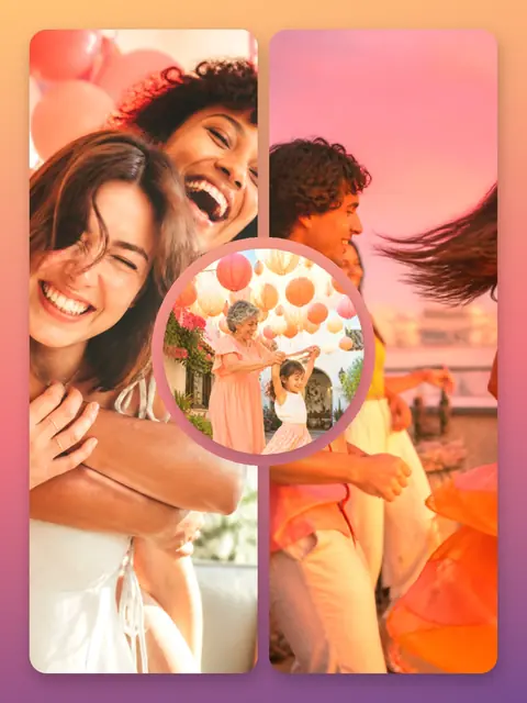 3 photo party collage, on a warm sunset gradient, sized for a print