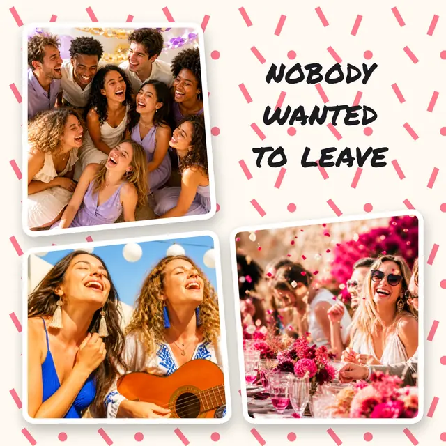 3 photo party collage, on a confetti patterned background