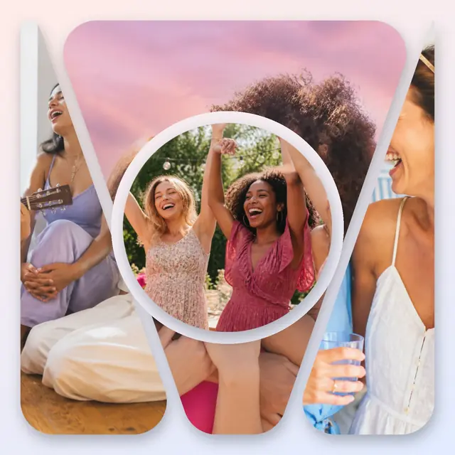 4 photo party collage with a circular medallion over the others, with soft rounded corners on a pastel gradient