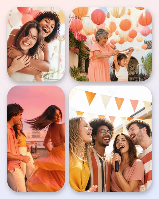 4 photo party collage, with soft rounded corners on a pastel gradient
